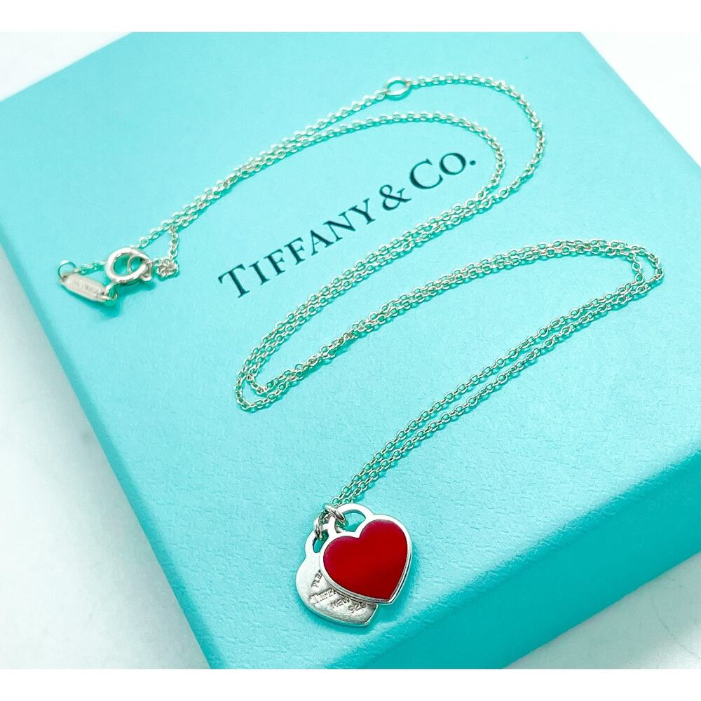 Tiffany & Co. Return Red Mini Double Heart Pendant Necklace 16-18" (ENGRAVED) - Picture 3 of 12